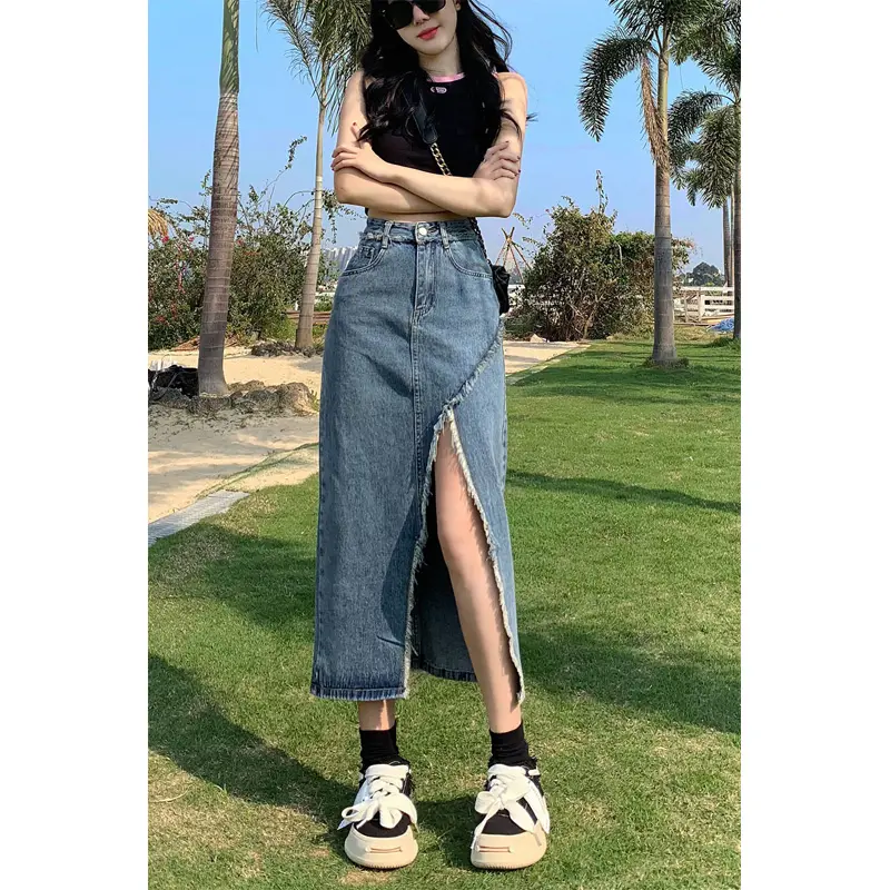 Tassel denim mid-length spring and autumn 2023 new style raw edge high waist slimming fashionable all-match trendy long skirt