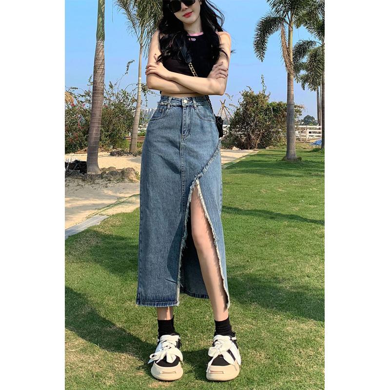 Product Introduction of Tassel denim mid-length spring and autumn 2023 new style raw edge high waist slimming fashionable all-match trendy long skirt 4