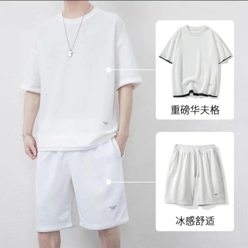 Bộ Đồ Thường Ngày Phong Cách Bánh Quế, Dành Cho Nam Giới, Áo Phông ngắn Tay Áo Lụa Lạnh Mùa Hè, Quần Đùi Ngắn Tay Dáng Rộng Vừa Vặn, Bộ Đồ 1 / 2 Mảnh 7