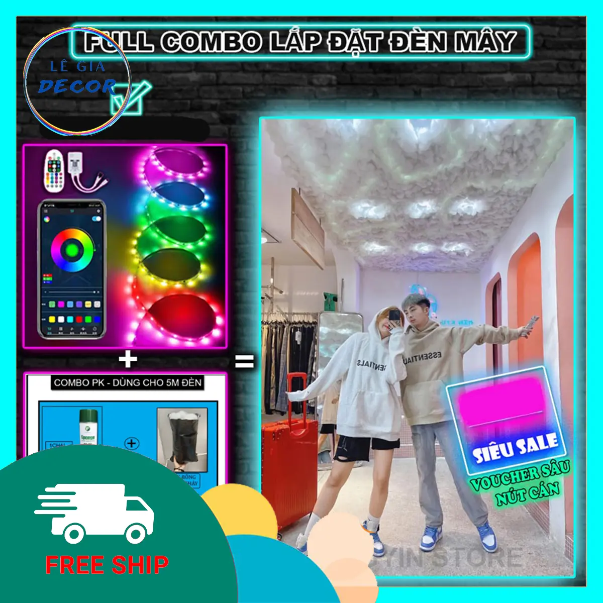 ĐÈN TRẦN ĐÁM MÂY ( LED ĐUỔI ARGB + BÔNG, KEO)