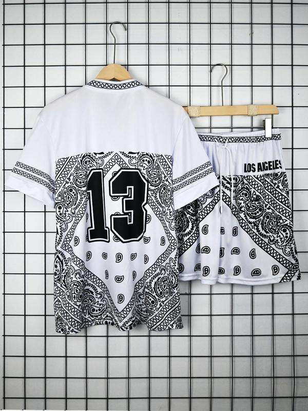 2 Piece Set Men's Letter Print V Neck Tee & Pocket Drawstring Waist Shorts Set, Casual Loose Short Sleeve T-shirt & Shorts, Two-piece Outfits For Summer Outdoor Wear 5