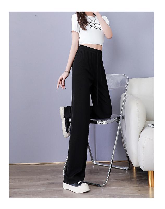 Product Introduction of Ice Silk Wide-Leg Pants Women's 2024 Summer Thin High Waist Drooping Slim Anti-Mosquito Casual Loose Straight Mop Trouser Womenswear Bottom Lingerie 15
