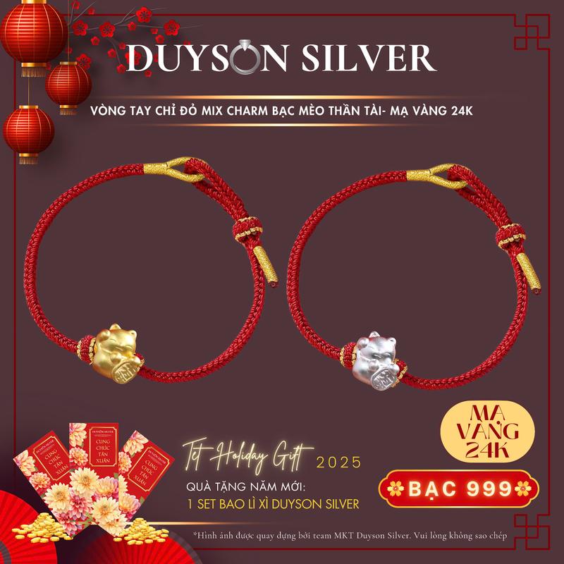 Vòng tay mèo thần tài bạc 999 mạ vàng 24K Duyson Silver lắc tay chỉ đỏ may mắn năm mới LTKX42