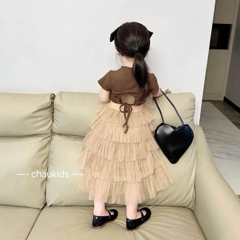 ÁO LEN TĂM KHOÉT LƯNG BUỘC DÂY KÈM CHÂN VÁY TẦNG CÔNG CHÚA (VNT) set đồ  bé gái 1