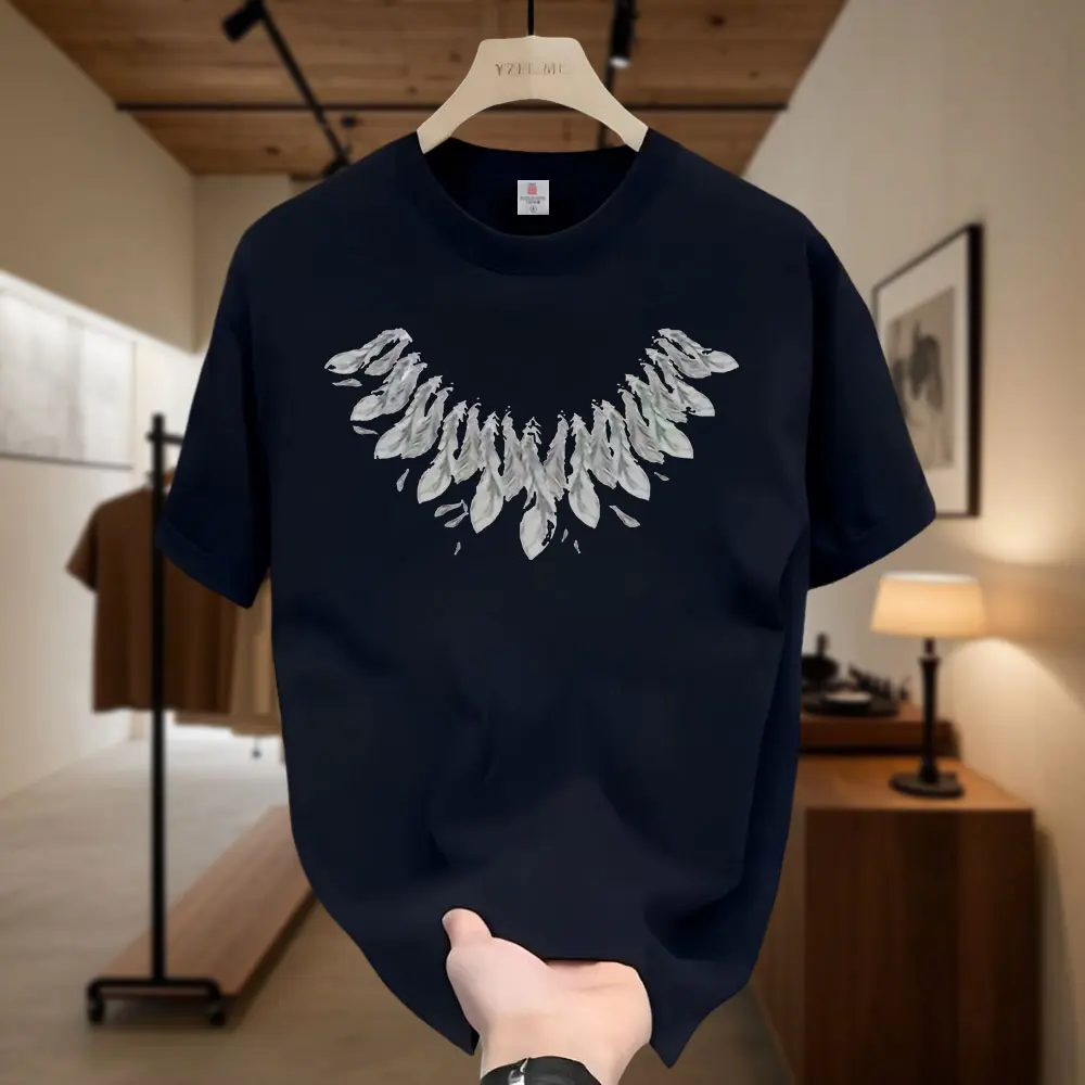 Feather Print T-Shirt Men's Short Sleeves Trend Loose Plus Size Couple Oversize Top Unisex