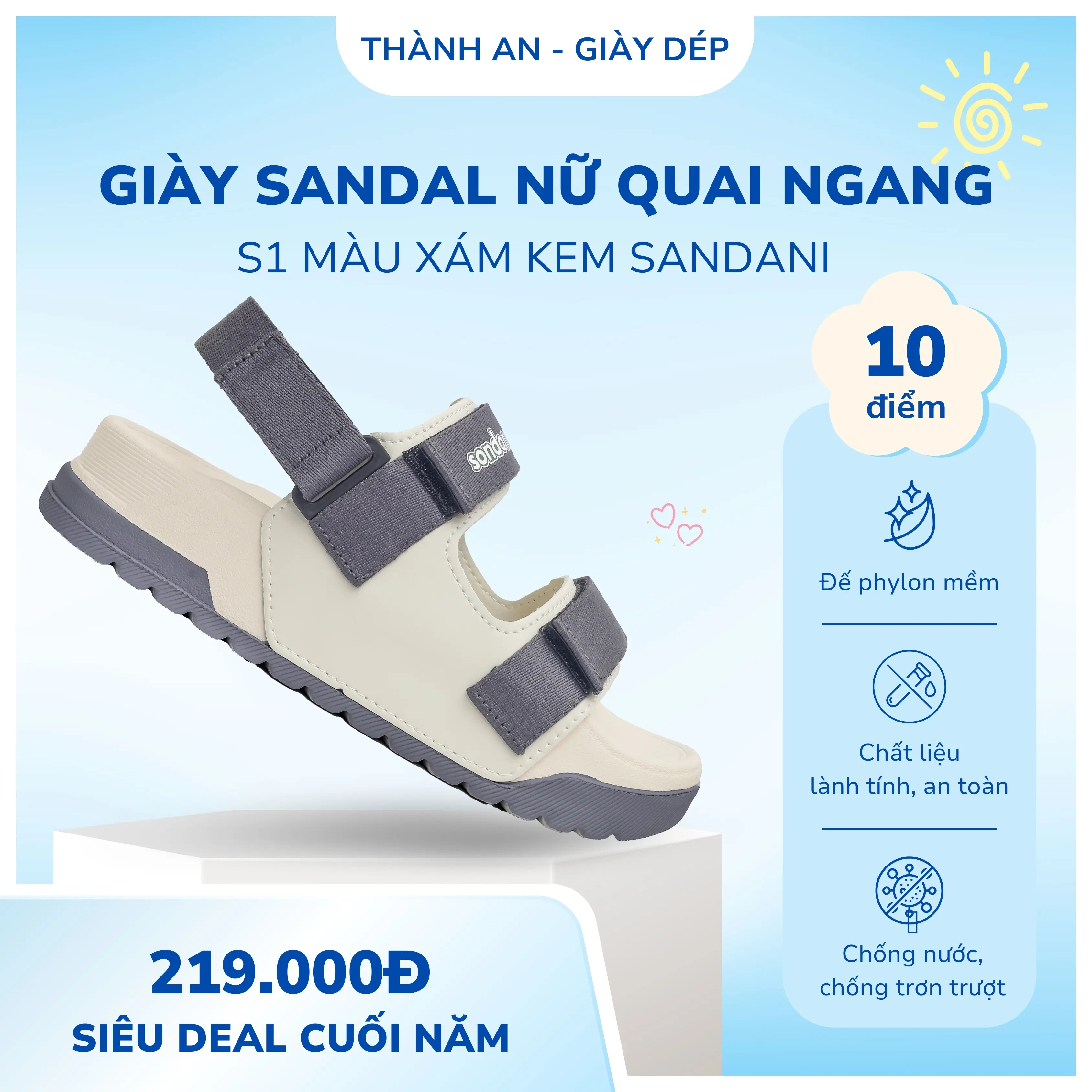 Dép Sandal Nữ Sandani Xám Kem S1 - Đế Phylon Nhẹ Êm, Quai Dù Bền, Đi Học Đi Chơi - Cao Su, DéP sandal  nữ