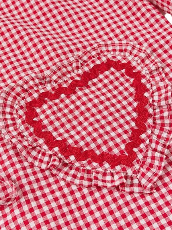 Women's Gingham Print Heart Patched Frill Trim Tie Front Blouse, Casual Checkered Print Drop Shoulder Long Sleeve V Neck Top for Fall & Winter, Women's Clothes for Daily Wear 8