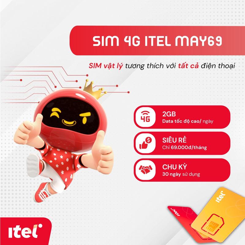 iTel - SIM 4G VẬT LÝ - Gói MAY69 2GB/ngày - 60GB/tháng - Phù hợp với mọi smartPhone