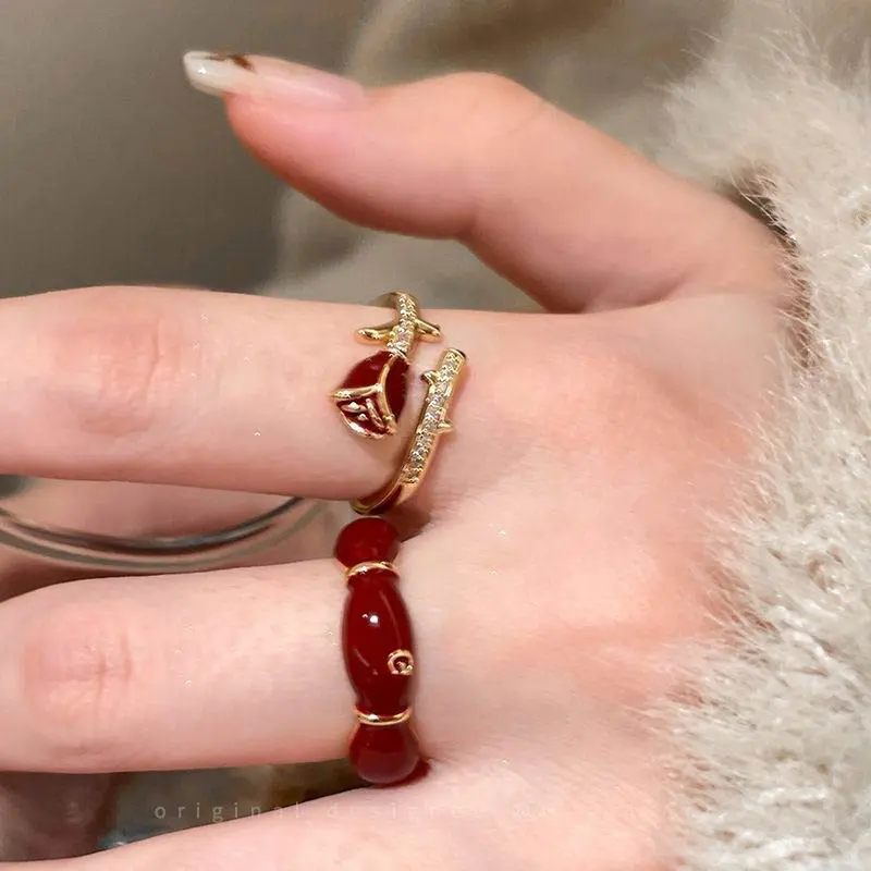 【Sktlz】Wine Red Rose Zircon Ring Wanita Buka Indeks Cincin Finger Temperature Adjustable Ring 6
