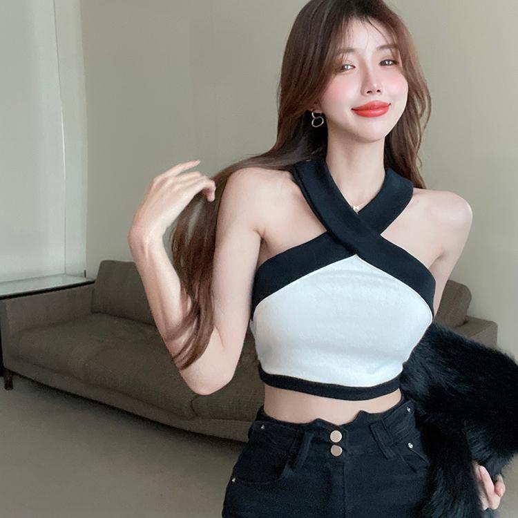 Product Introduction of Contrast color cross knitted vest high waist navel-baring short bottoming inner sling outer wear sleeveless hot girl pure desire top 6