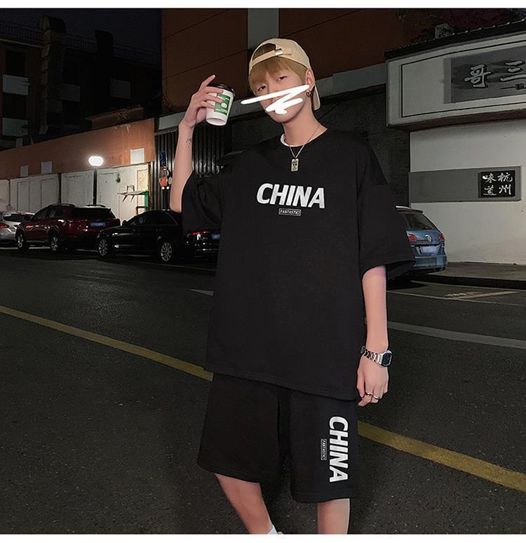 Product Introduction of Summer New Trendy Hong Kong Style Simple Letter Printing Leisure Sports Suit Green Student Short Sleeve Shorts Two Pieces Suit Menswear Overalls Lingerie Formal 28