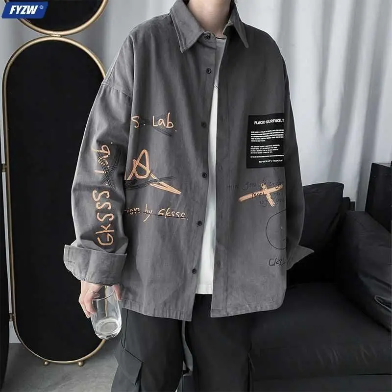 Áo Sơ Mi In Graffiti Nhật Bản Cho Nam, Áo Sơ Mi Dài Tay Ngoại Cỡ, Bf Dáng Rộng, Áo Khoác Bé Trai, Mùa Thu, Mới Shirt Có Cổ Cổ Tròn Menswear