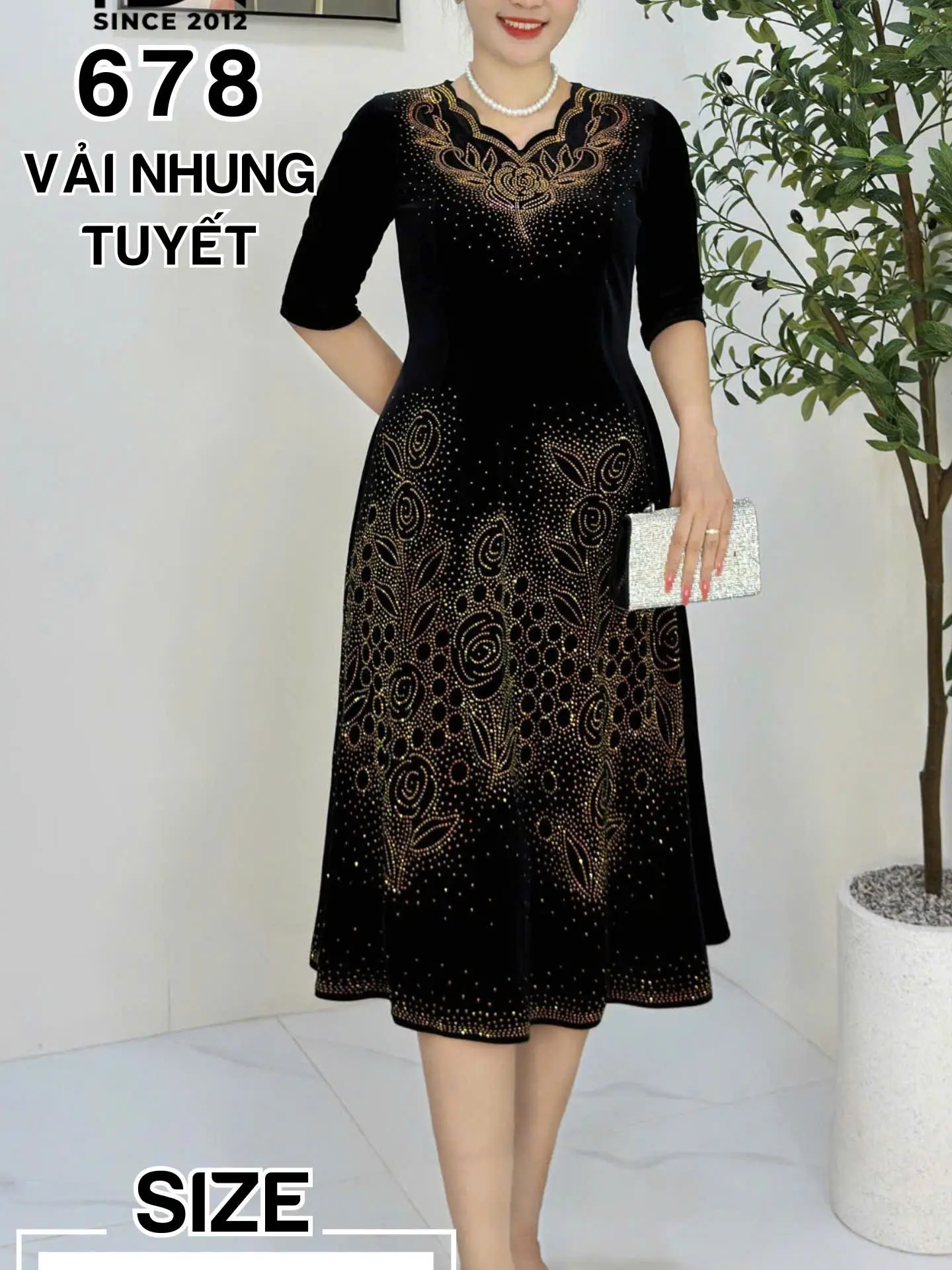 Đầm trung niên dự tiệc sang trọng vải nhung cao cấp đính đá, tặng mẹ co giãn tốt bigsize M678