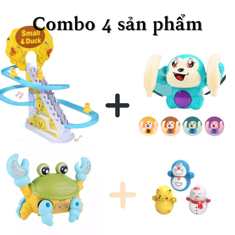 Combo 4 món đồ chơi Vịt leo cầu thang + khỉ nhào lộn + cua chạy ngang + 3 con lật đật