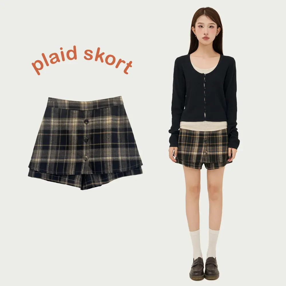 BLEUBIRD Quần váy nữ caro vải cotton dạ Plaid Skort