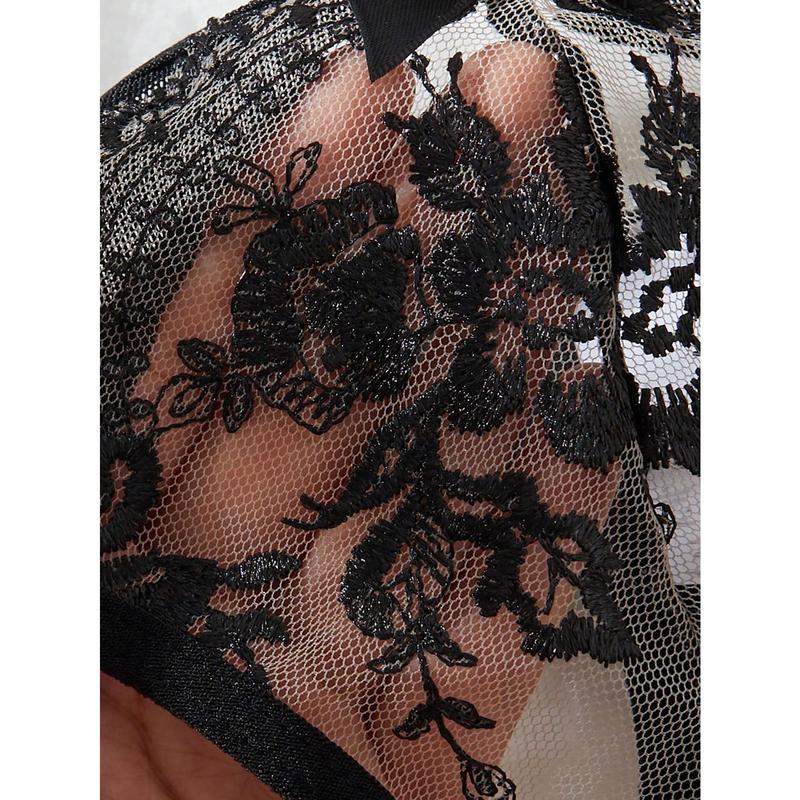 2pcs/Set Women Mesh Contrast Minimalist Sexy See-Through Embroidery Outfit 4