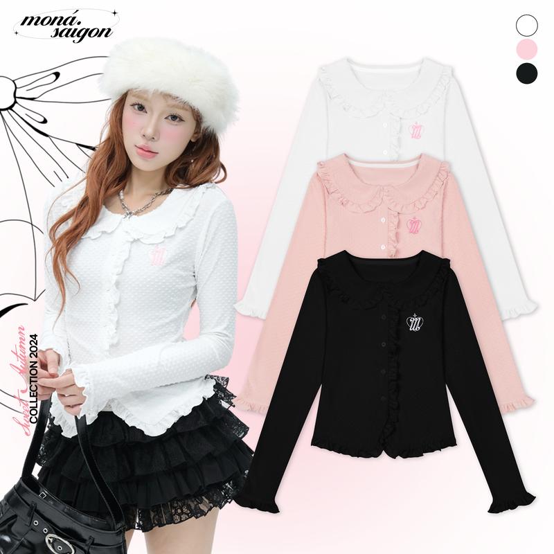 [Tặng kèm dây thắt nơ] Áo sơ mi nữ tay dài cổ bèo chất thun len dệt nổi hoạ tiết thêu logo MONÁ - DANNIE TOP
