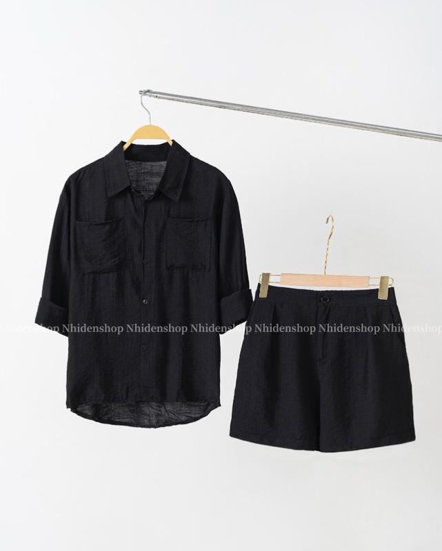 bộ đũi nữ - áo sơ mi dài tay + quần đùi sang chảnh Voi Women Nhung Top 6