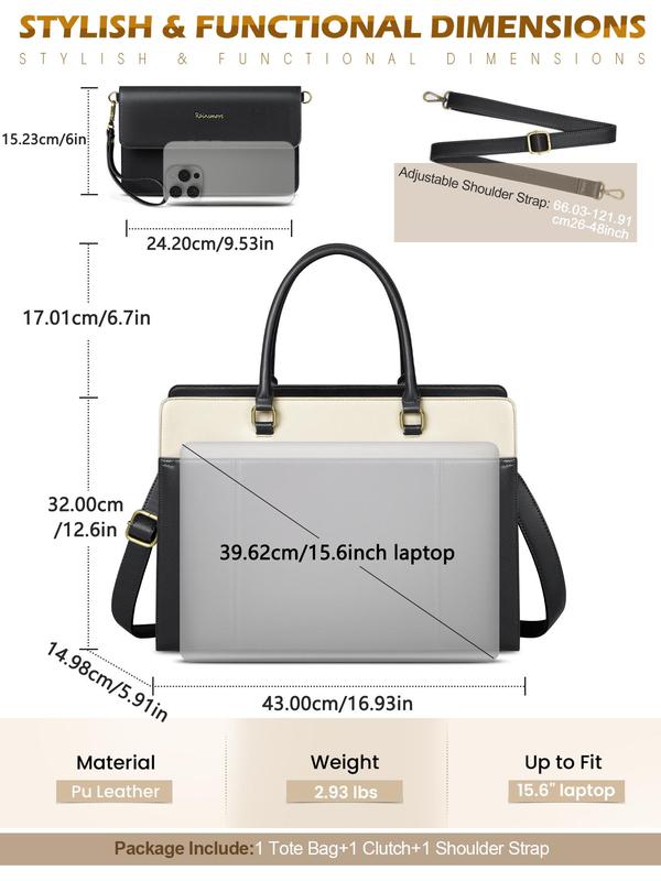 Women's Colorblock Laptop Bag & Wristlet, Fashionable Pu Leather Briefcase & Wristlet, Computer Bag for Office Travel 1