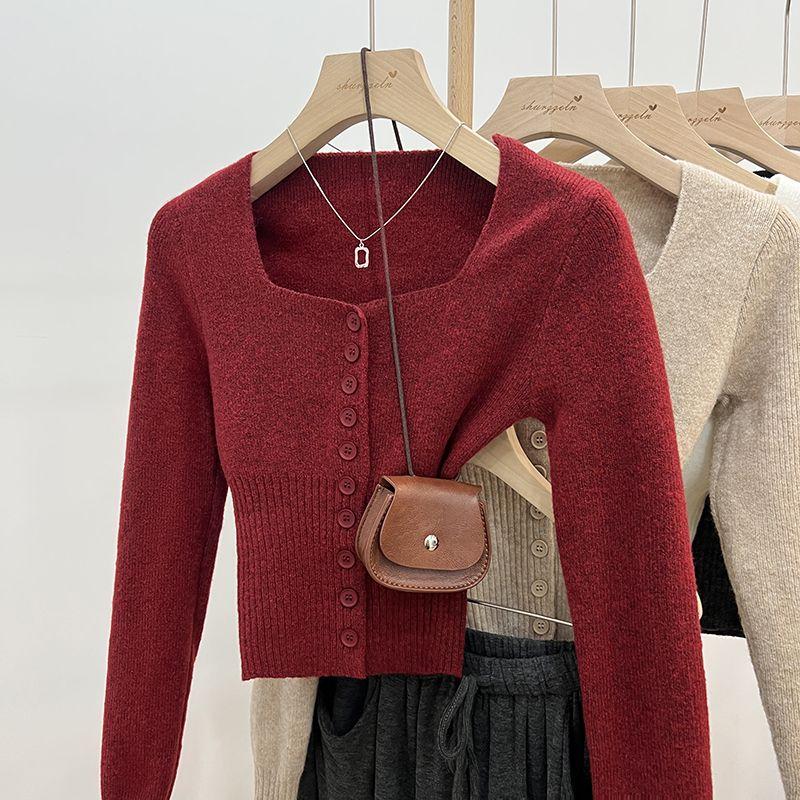 Áo Len Đỏ, Dệt Kim, Dài Tay, Dành Cho Nữ, Mùa Thu Và Mùa Đông, Thiết Kế Đẹp, Cổ Áo Vuông, Áo Cardigan Dệt Kim, Có Thể Mặc Bên Trong, Áo Cơ Sở Kiểm Soát Eo, Chủ Đề Giáng Sinh Và Năm Mới 7