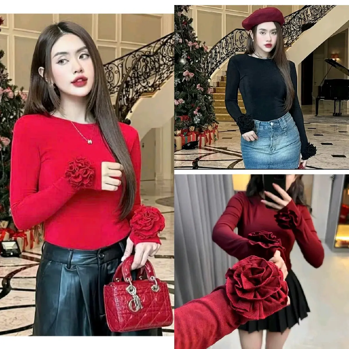 ÁO THUN TAY DÀI ĐÍNH HOA THUN GÂN BIGSIZE