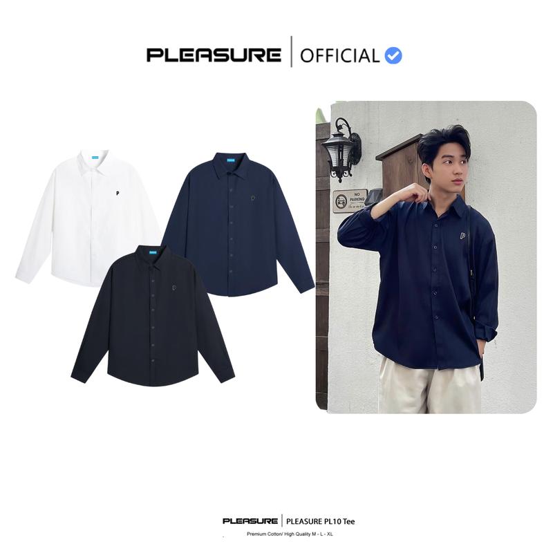 Áo Sơ Mi Trơn Chống Nhăn Thêu Chữ P Pleasure Nam Nữ Unisex Premium