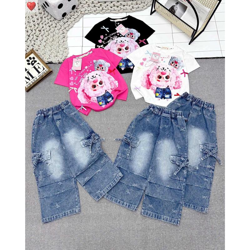 MinMinKid2 18-50kg dưới 1m55 Set áo thun cotton in hình Baby Three hot trend phối quần jean túi hộp IN NƠ cá tính cho bé gái