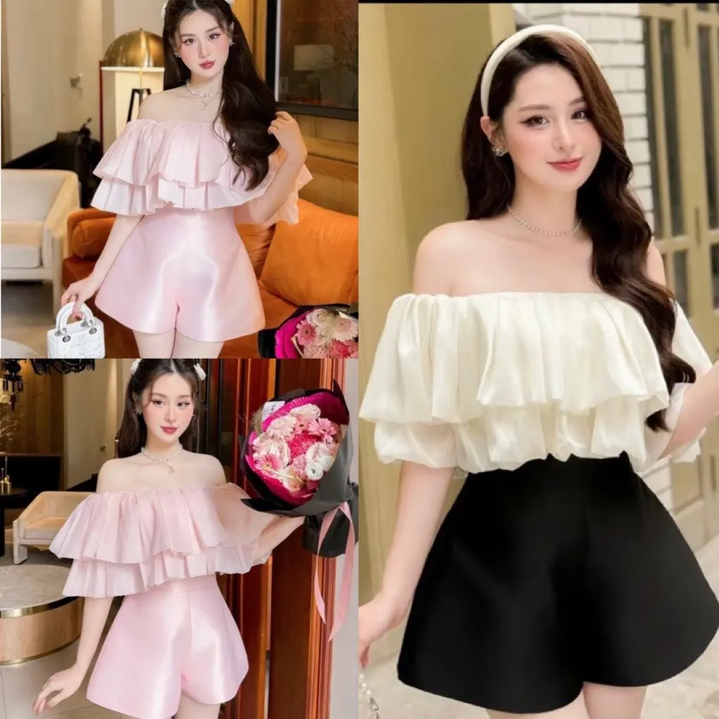 Sét áo trễ vai tay bồng kèm quần short ống rộng bồng chất tafta dày dặn lưng cao, áo croptop nữ 2 tầng hở vai hàn quốc , EYE 2T