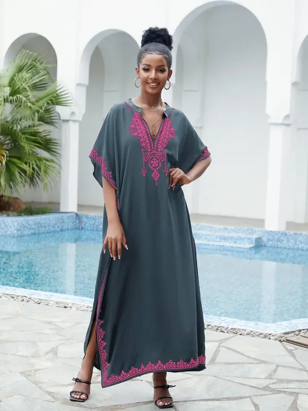 【Plus Size】Ethnic Pattern Split Hem Arabian Dress, Modesty Elegant Batwing Sleeve Notched Neck Long Dress, Holiday Dresses, Muslim Dresses for Women, Summer Kaftan Dress, Wedding Guest Dress, Plus Size Dresses 4