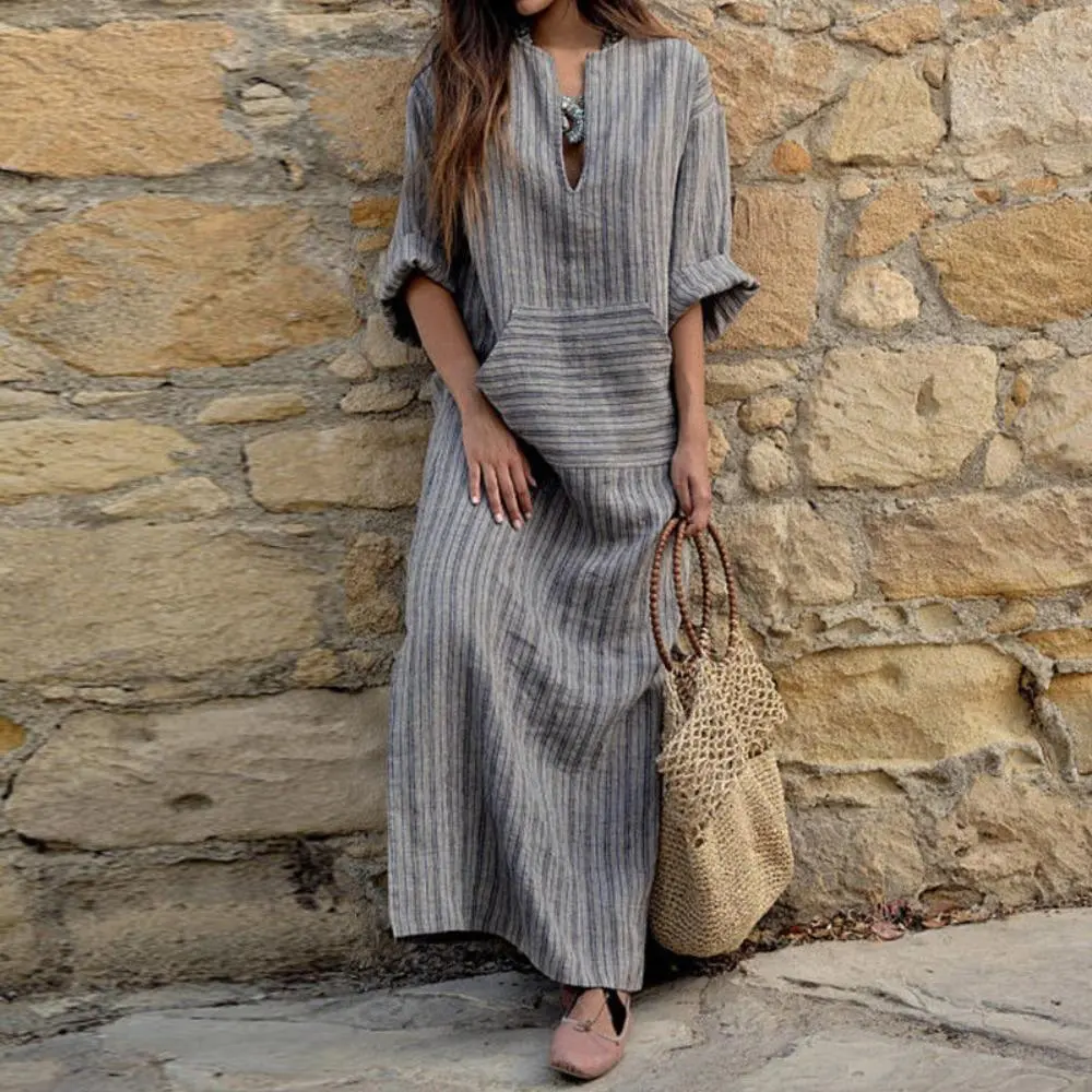 Woman Cotton and linen woven striped loose long dress