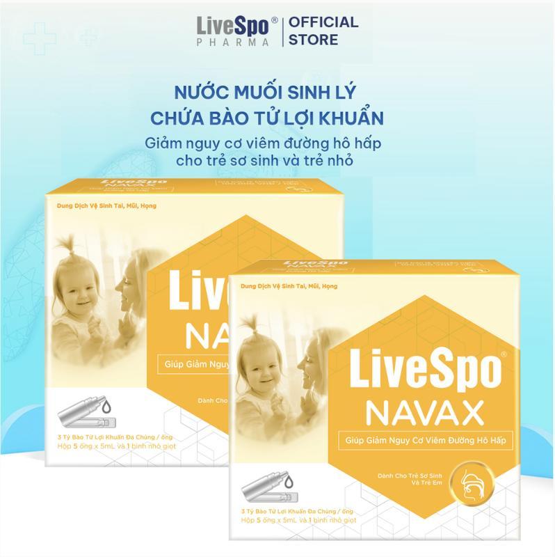 Combo 2 hộp Nước muối sinh lý cho bé sơ sinh LiveSpo Navax Kids chứa 3 tỷ Bào tử lợi khuẩn - Nhỏ vào tai mũi họng (hộp 5 ống x 5ml và 1 lọ nhỏ giọt)