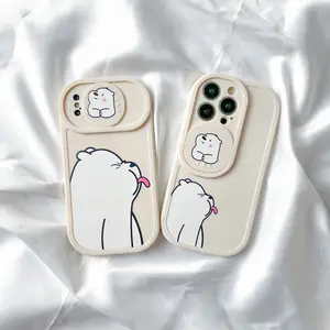 【SatSet.ind】 Soft Case iP Sliding Solid Color Bear Style iP Case X Xr Xs Max 11 12 13 14 Pro Max 12 13 14 Plus 15 Silikon Cover Casing White Full Cover Doff Ice Cute Bear TPU Ponsel Silicon Softcase