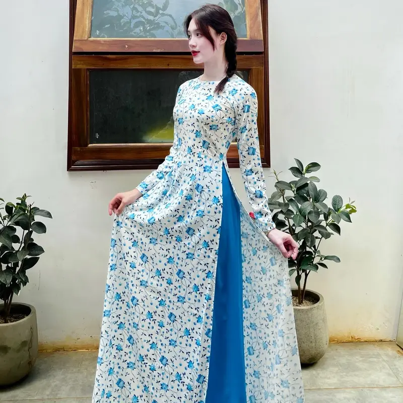 Bộ áo dài lụa in 3D cao cấp kèm quần lụa sang trọng. Women Nữ 5