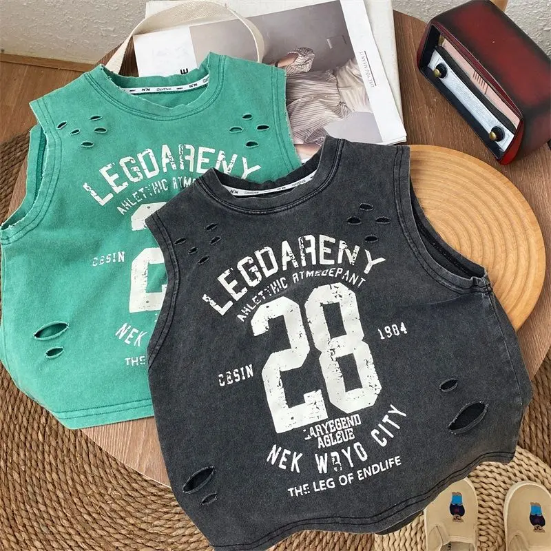 Áo Thun Không Tay Rách Cotton Màu Đen Cổ Điển Mới Của Bé Trai, Phong Cách Mùa Hè, Dáng Rộng Vừa Vặn, Phong Cách Hàn Quốc, Áo Vest Trẻ Em, Hợp Xu hướng, Được Yêu Thích Vào Năm 2025, 29k Người Theo Dõi Được Ưu Tiên