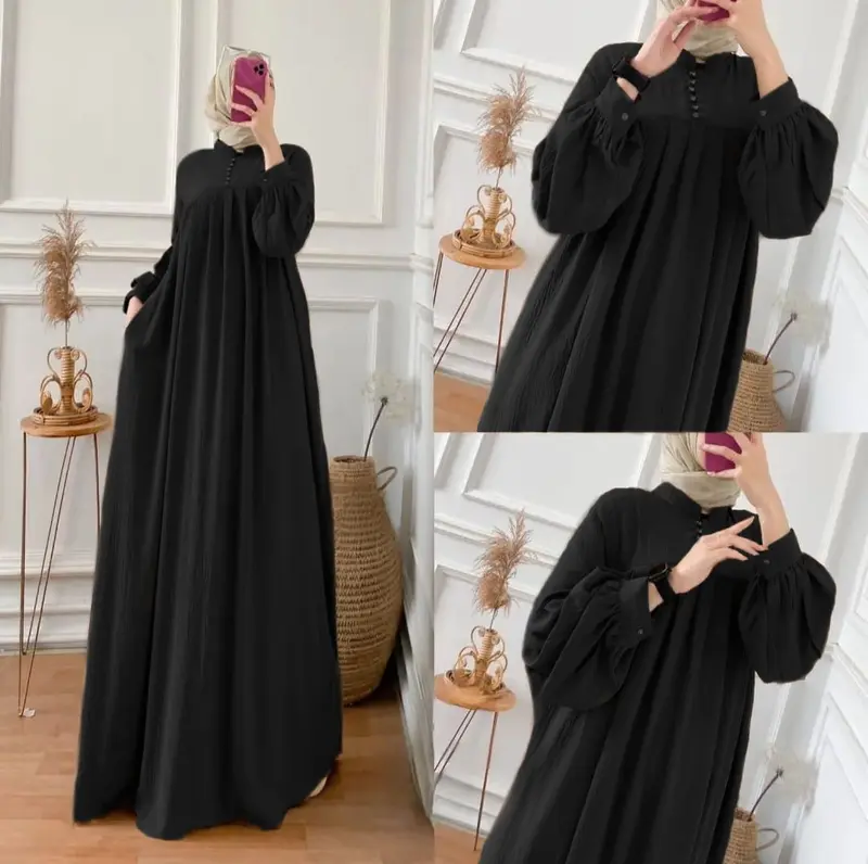 gamis Wanita Crinkle Airflow Dress hitam aesthetic baju Muslim model baru SALSA maxi Dress gamis Dewasa Mewah Tangan Panjang 0