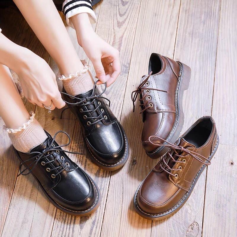 Giày oxford nữ phong cách vintage nâu đen đế trong Da Đẹp siêu mềm