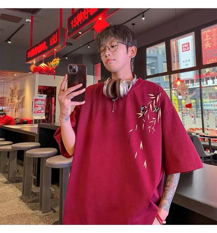 Product Introduction of Popular fashion bamboo print loose T-shirt cotton print short sleeve plus size tee for men 21