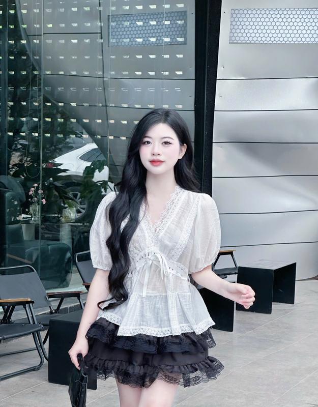 Sét bộ áo Thiểu thư cộc tay cổ V Mix Dây Đan Thắt Eo Kemc Chân Váy Tầng Xoè Trẻ TRung 6
