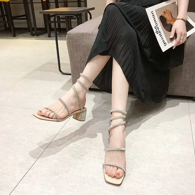 Xăng Đan La Mã Quấn Mắt Cá Chân, Xăng Đan Chữ Kim Cương Giả Với Gót Chunky, Phong Cách Thanh Lịch, Linh Hoạt Năng, Nổi Tiếng Trên Internet, Gót Giữa, Mới, Mùa Hè Nữ DéP 1