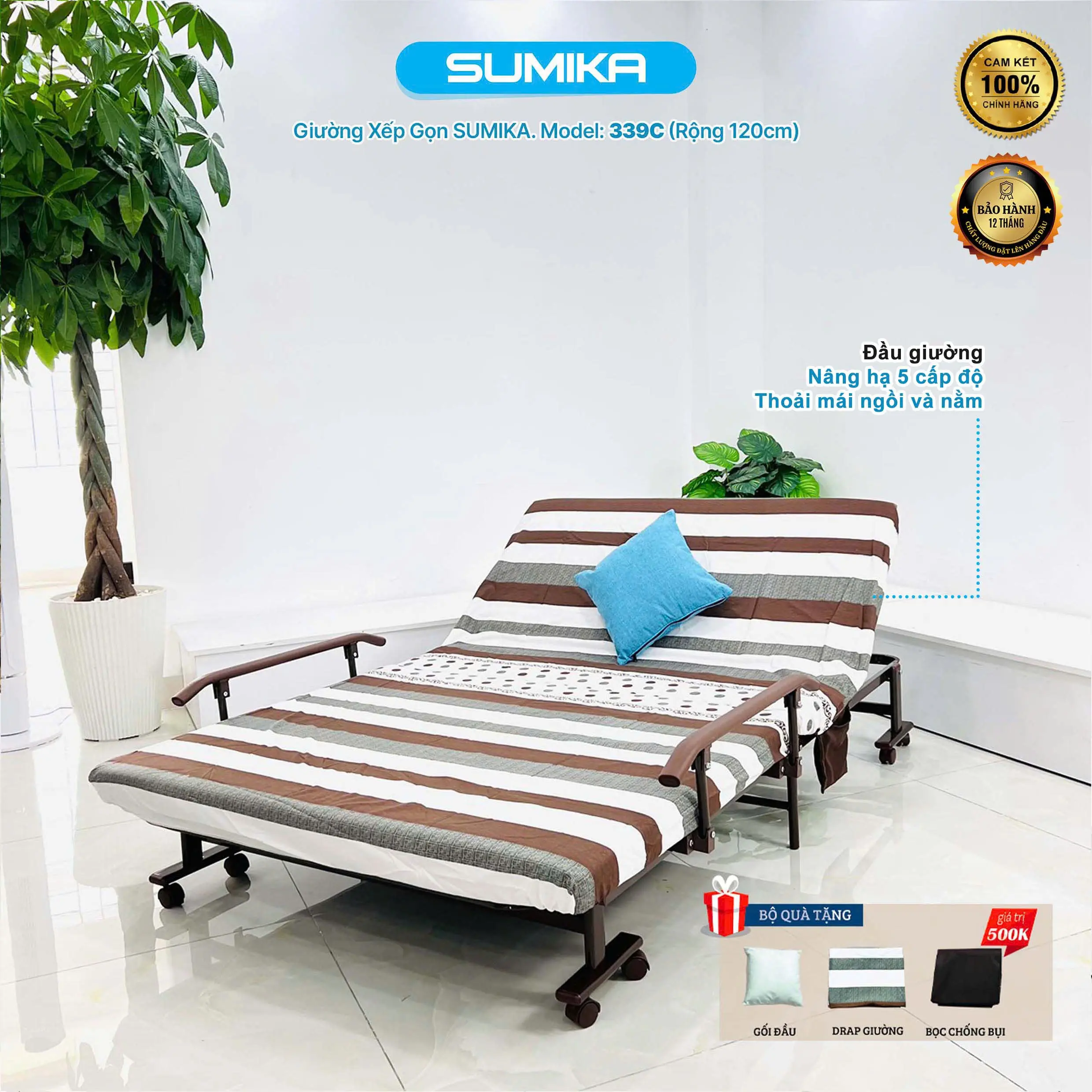 Giường nệm xếp gọn kiểu dáng Hàn Quốc SUMIKA 339C, chiều rộng 120cm, tải trọng 300kg