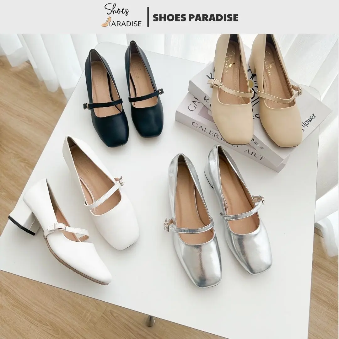Giày cao gót Shoes Paradise nữ chất da mềm êm mũi vuông cao 4cm phong cách học sinh viên công sở màu đen kem trắng bạc đi học đi làm đi chơi L045