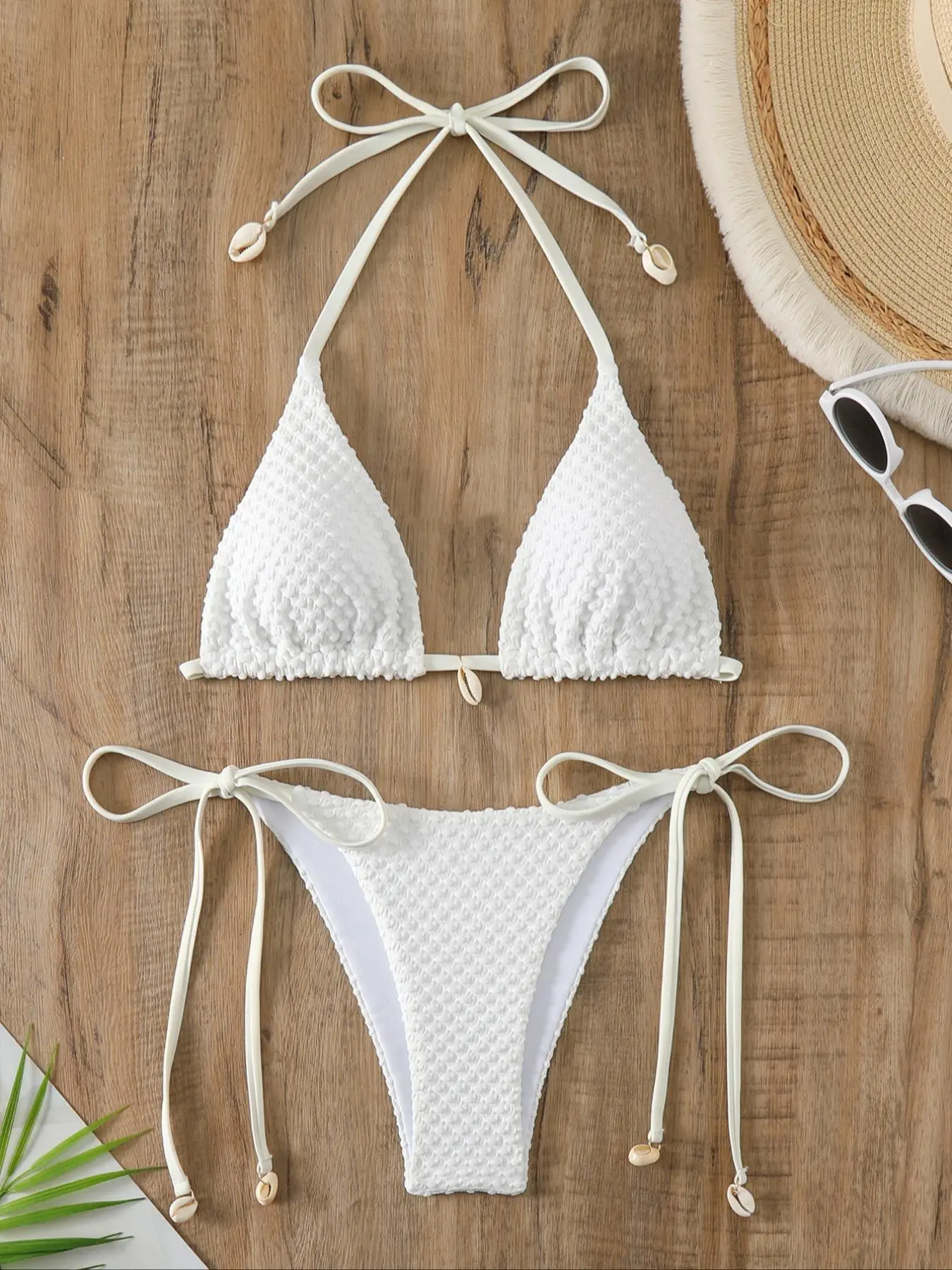 Two-Piece Set Women's Textured Tie Back Triangle Bikinis for Women, Holiday Outfit for Spring, Boho Comfort Solid Halter Neck Wireless Swim Top & Tie Side Swim Bottom Summer Swimsuit Set, Women's Swimsuit Sets for Summer Beach, Bathing Suits 2024