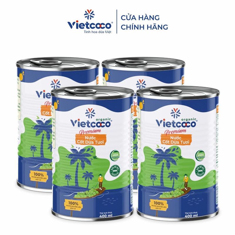 COMBO 4 LON Nước cốt dừa tươi Premium Organic VIETCOCO - Lon 400ml