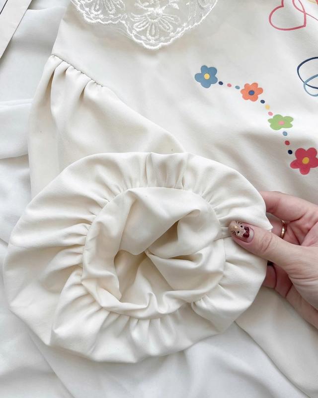 Set áo linen cổ viền ren tay bồng in hoạ tiết cute phối chân váy xoè tầng cạp chun màu be mùa hè (loại 1) 7
