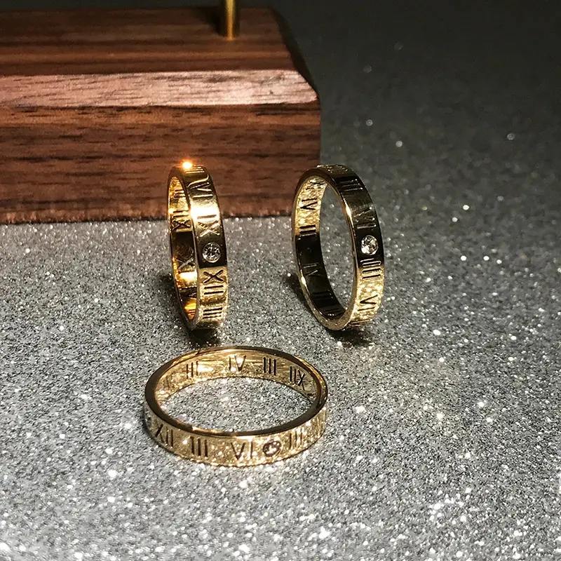 Fashion Zircon Roman Number Couple Ring Rose Gold Color Woman Gift Titanium Steel Jewelry Not Change Color Drop Shipping