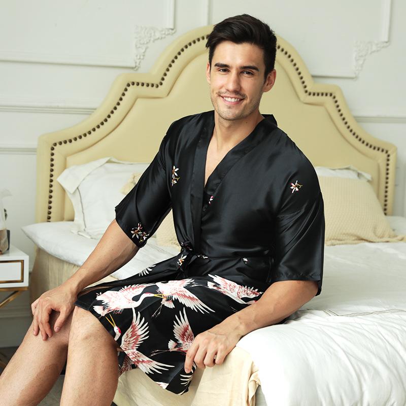 Product Introduction of Black Chinese Men Silk Rayon Robe Summer Casual Wedding Best Man Sleepwear V-Neck Kimono Yukata Bath Gown Plus Size XXXL Fashion Menswear Satin Loungewear 28