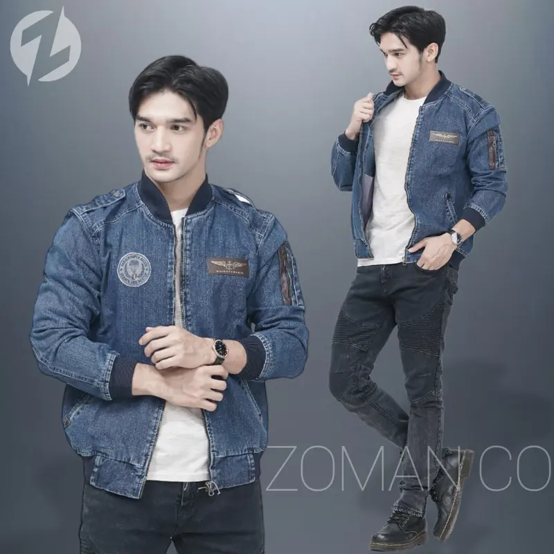 Jaket Bomber Jeans Emblem|Jaket Bomber Denim Blitz|Jaket Denim Size M L XL dan XXL|Jaket Jeans Jumbo|Jaket Jeans XXL 1
