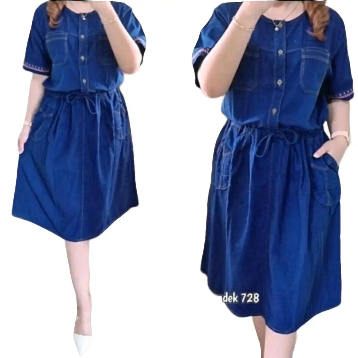 Dress Jasmine Serut Lengan Pendek Model Korean Style Wanita Dewasa XXL Fit XXXL Warna Nevy Casual Midi Berbahan Jeans Lingkar Dada 110 cm Panjang Baju