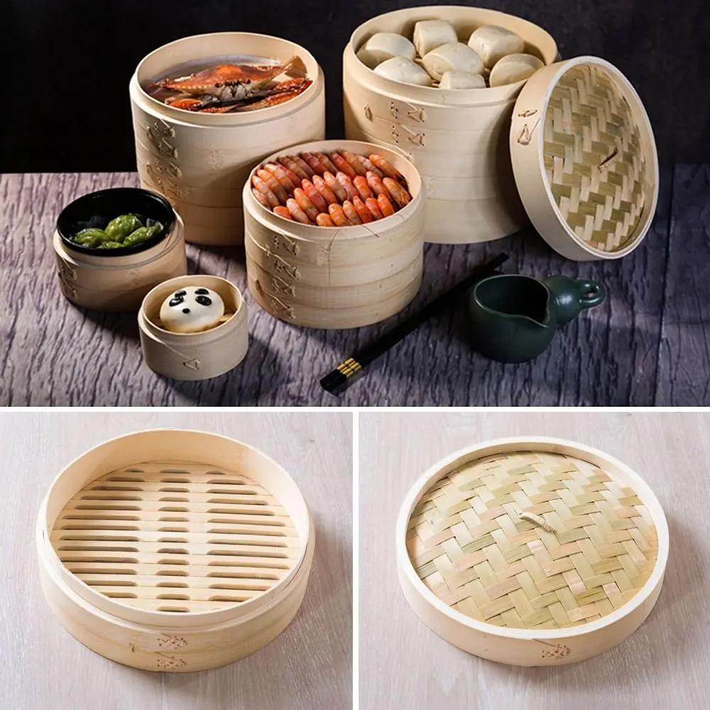 Pengukus Buluh, Mesra Alam, Gaya Cina, dengan Penutup, untuk Memasak Pau dan Ladu, Pengukus Dimsum, Memasak Sayur-sayuran dan Snek, Bakul Pengukus Dapur