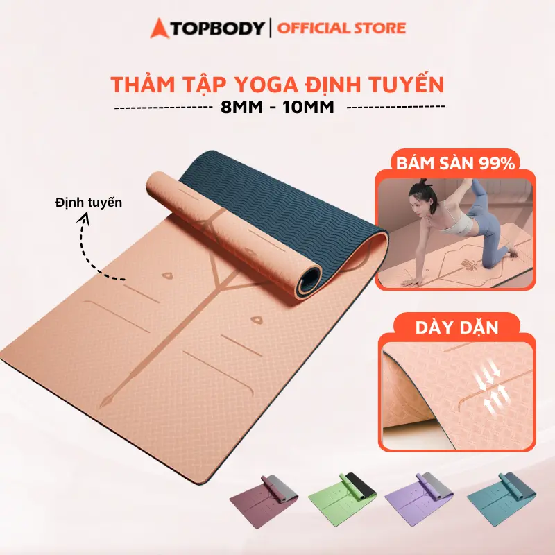 Thảm Tập Yoga Gym Thể Dục Tại Nhà Chất Liệu TPE Cao Cấp 2 Lớp Định Tuyến Độ Dày 6-8-10mm Cao Su TOPBODY